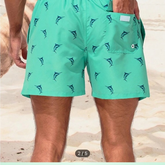 New in bag Manfinity turquoise Fish Print Drawstring Waist Mens Swim Trunks sz S - Picture 2 of 9